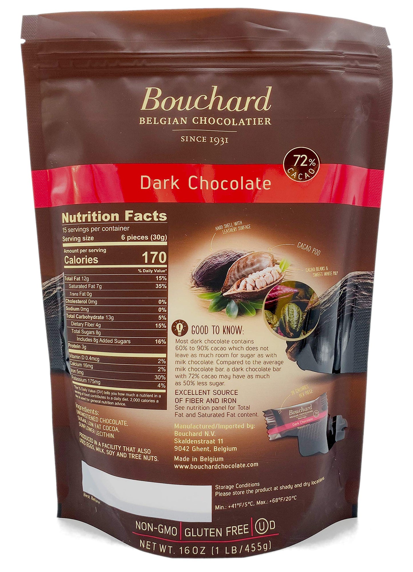 Bouchard Premium Belgian Dark Chocolate With 72% Cacao | Individually Wrapped Pieces (1 Lb)