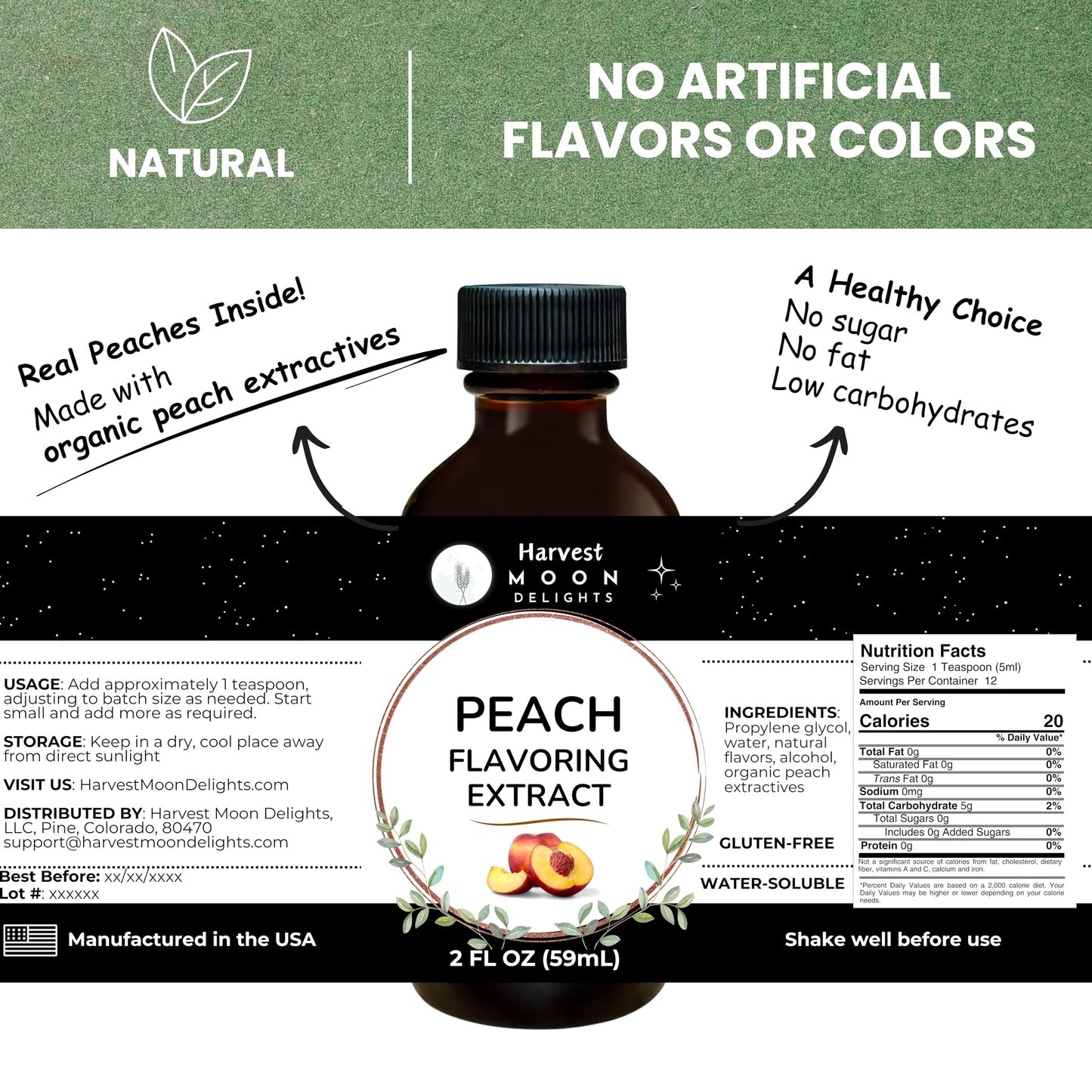 Natural Peach Extract - 2 Oz - Water-Soluble - By Harvest Moon Delights - Peach Extract For Baking, Ice Cream, Drinks, And Candy