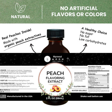 Natural Peach Extract - 2 Oz - Water-Soluble - By Harvest Moon Delights - Peach Extract For Baking, Ice Cream, Drinks, And Candy