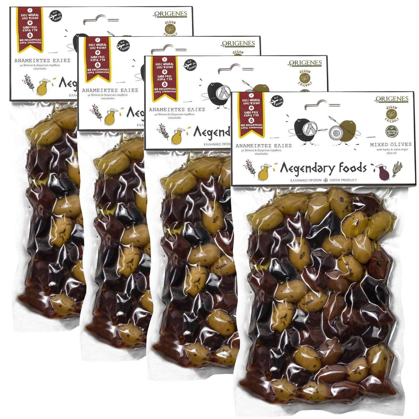 Pack Of 4 Mixed Olives In Vacuum, Black Kalamon Olives Mixed With Green Olives Marinated In Lemon Juice, With Savory Greek Orega