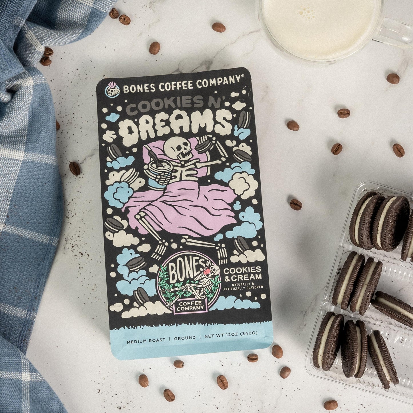 Bones Coffee Company Cookies 'N Dreams Ground Coffee Beans Cookies & Cream Flavor, Low Acid Flavored Coffee, Made With Arabica C