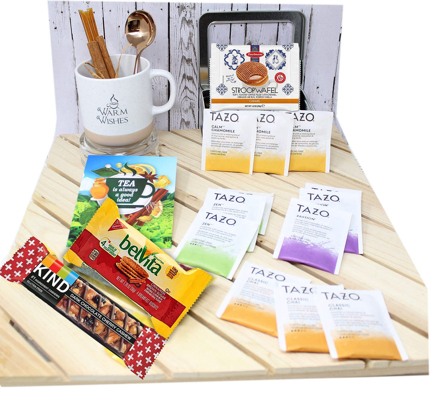Zelica Tea Lovers Gift Basket with Tazo Tea Bags, Mug, Cookies, Honey, Cinnamon - 1 Count