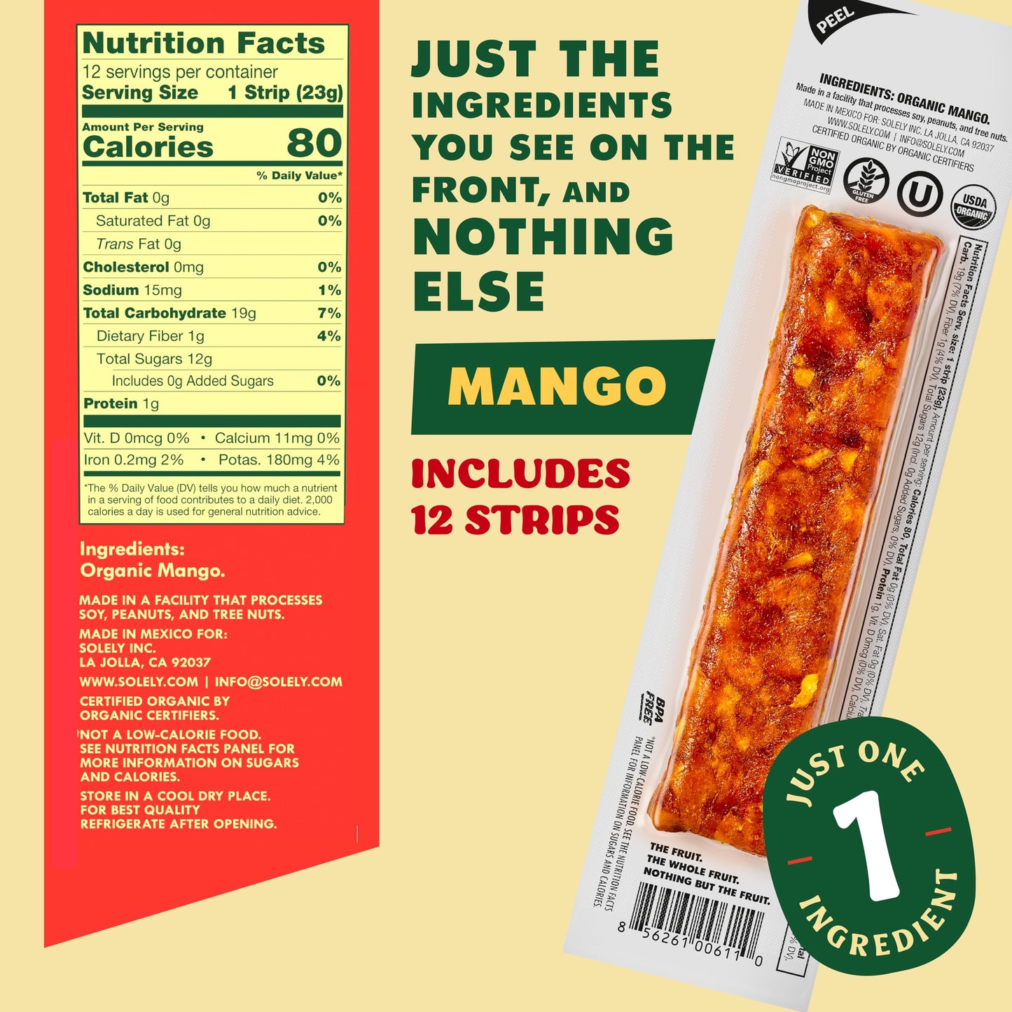 Solely - Organic Mango Fruit Jerky - 12 Individually Wrapped Fruit Strips - Fruit Leather Made From Dried Fruit - Healthy Snacks