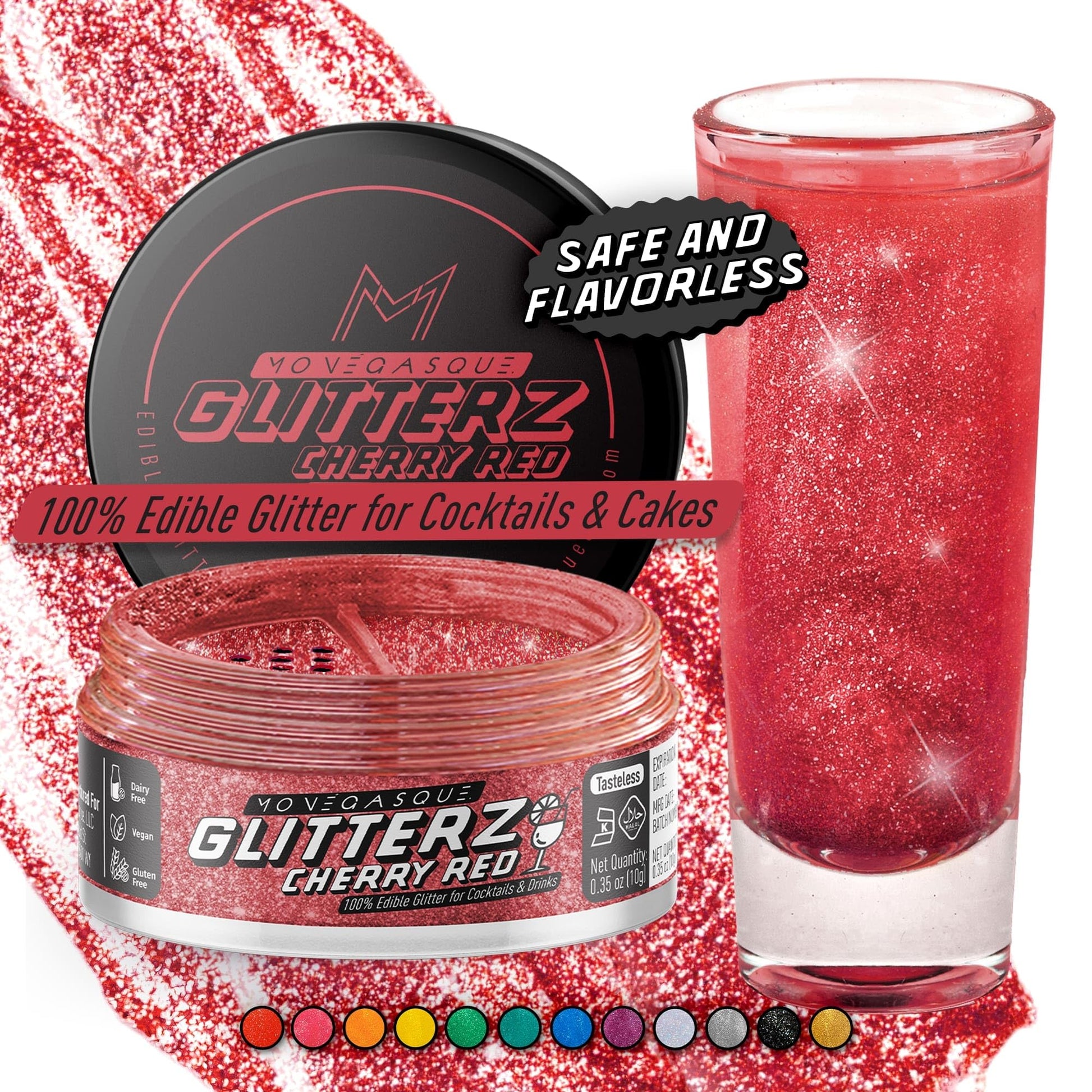 MONÉGASQUE Edible Glitter for Drinks & Cakes, Cherry Red, 10g, Shimmer Flakes for Cupcakes & Decorations