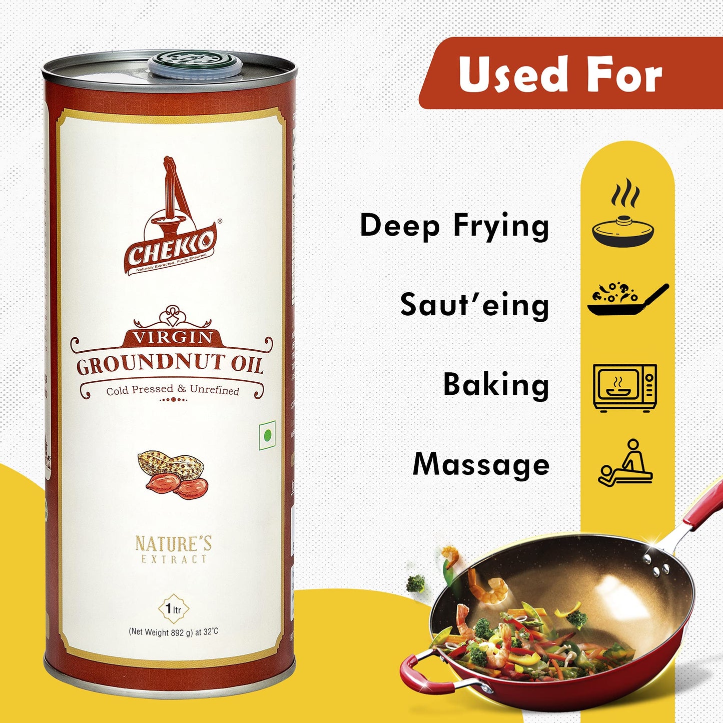 Chekko Kachi Ghani Cold Pressed Virgin 5L Groundnut/Peanut Oil | 100% Natural, Pure & Wood Pressed 5 Litre for Cooking