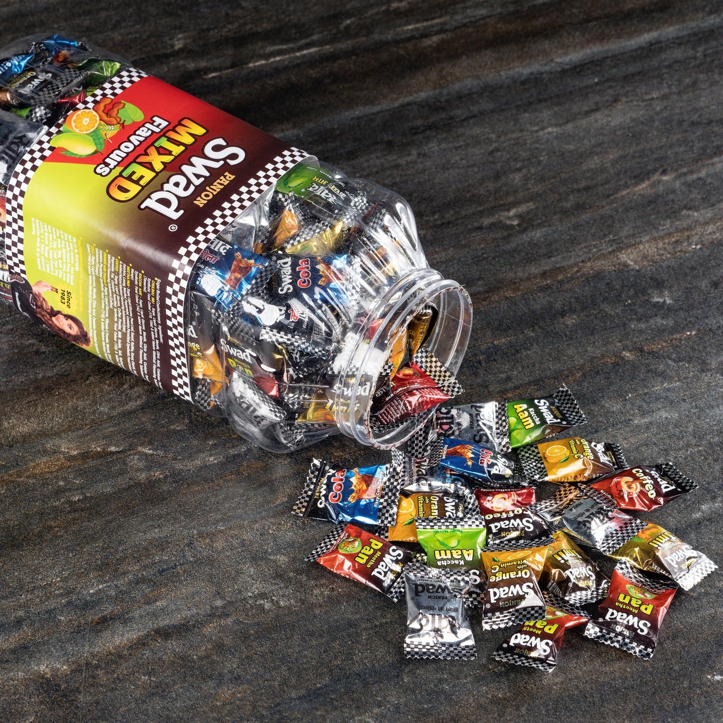 Swad Mixed Flavours Chatpati Goli Candy Jar – 150 Hard Candies With Kaccha Aam Imli Meetha Paan Cola Orange Coffee Original Flavors – Tangy Sweet Indian Candy, Childhood Favorite Treat