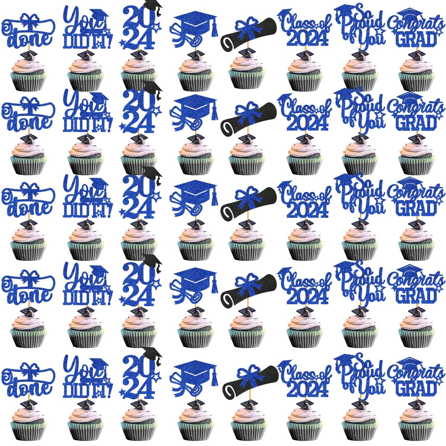 Ttdq 40Pcs Blue Graduation Cupcake Toppers 2024 Graduation Decorations Class Of 2024 Cupcake Toppers 2024 Congrats Grad Cap Cupc