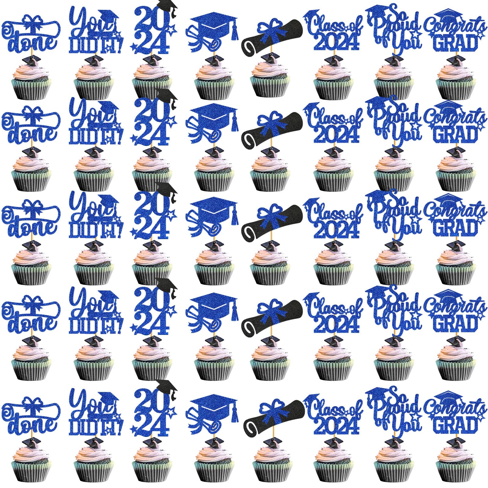 Ttdq 40Pcs Blue Graduation Cupcake Toppers 2024 Graduation Decorations Class Of 2024 Cupcake Toppers 2024 Congrats Grad Cap Cupc