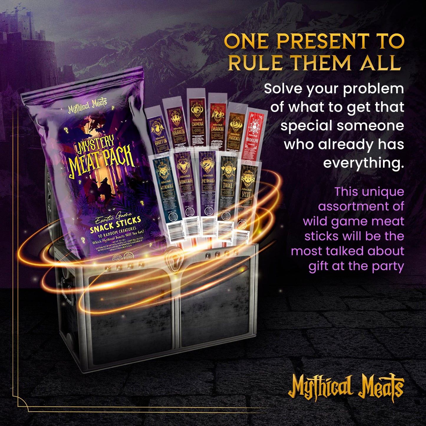 Mythical Meats Mystery Meat Random Flavor Sampler Pack - 10 Random Exotic Game And Beef Snack Sticks - Dried & Dehydrated Meats