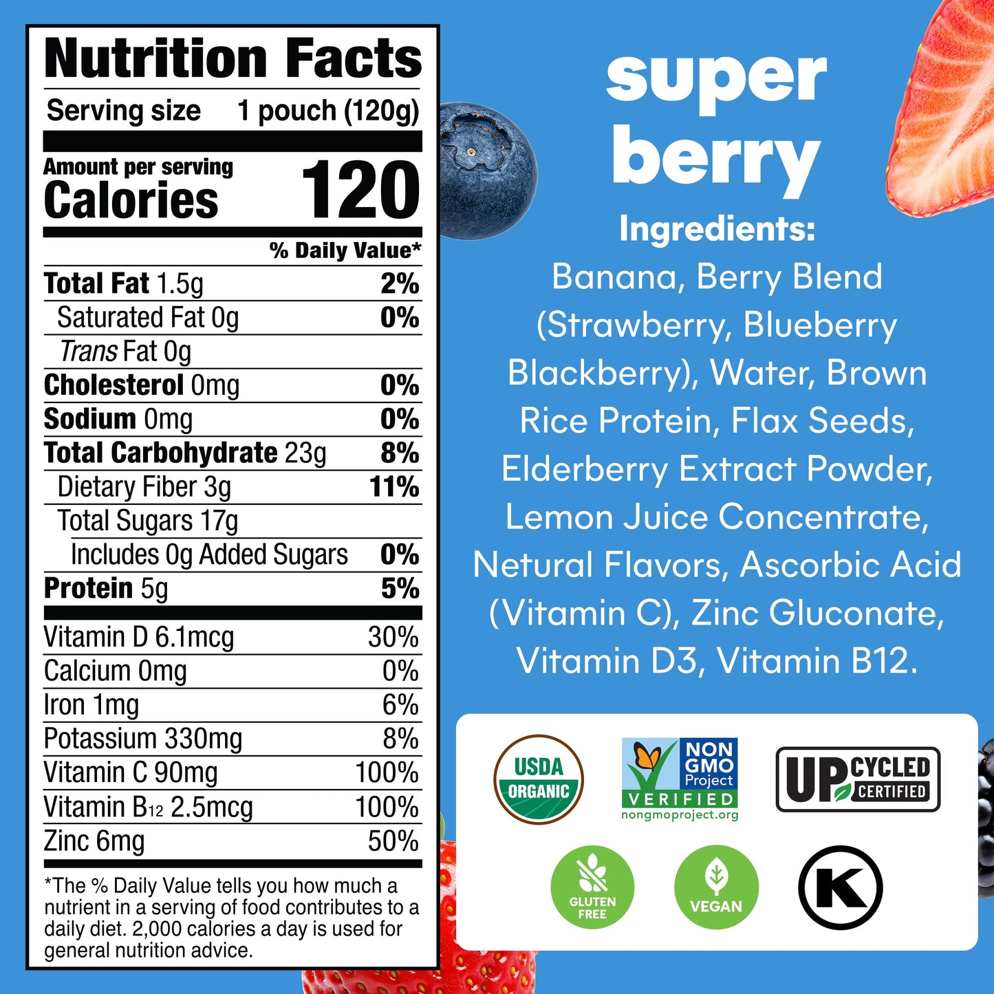 Noka Superfood Fruit Smoothie Pouches, Super Berry With Immune Support, Healthy Snacks With Elderberry, Flax Seed, Plant Protein