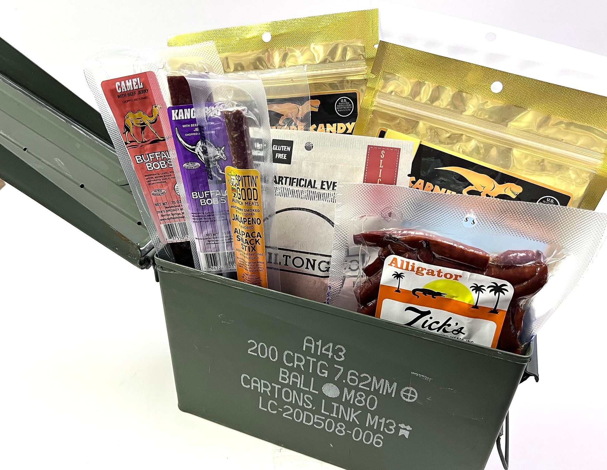 Jerky Dynasty Exotic & Gourmet Jerky Survivor's Kit in a Ammo Can - Premium Whole Pieces & Sticks for Camping, Hiking, Fishing, 