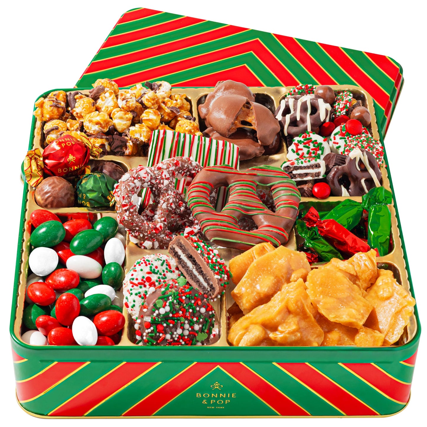 Bonnie and Pops Holiday Tin- with Assorted Christmas Chocolate  Cookies  Pretzels - Festive  Corporate  Family  Gift Basket Idea for Men and Women (Extra Large)