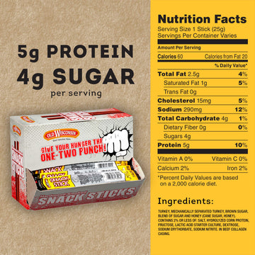 Old Wisconsin Honey Turkey Sausage Snack Sticks  Naturally Smoked  Ready to Eat  High Protein  Low Carb  Keto  Gluten Free  Counter Box  Pack of 42 Individually Wrapped Sticks