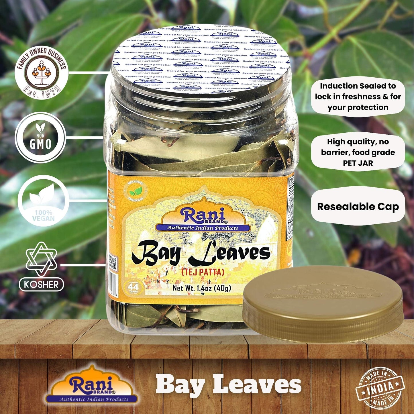 Rani Bay Leaf (Leaves) Whole Spice Hand Selected Extra Large 1.4Oz (40G) Pet Jar ~ All Natural | Gluten Friendly | Non-Gmo | Kosher | Vegan | Indian Origin (Tej Patta)