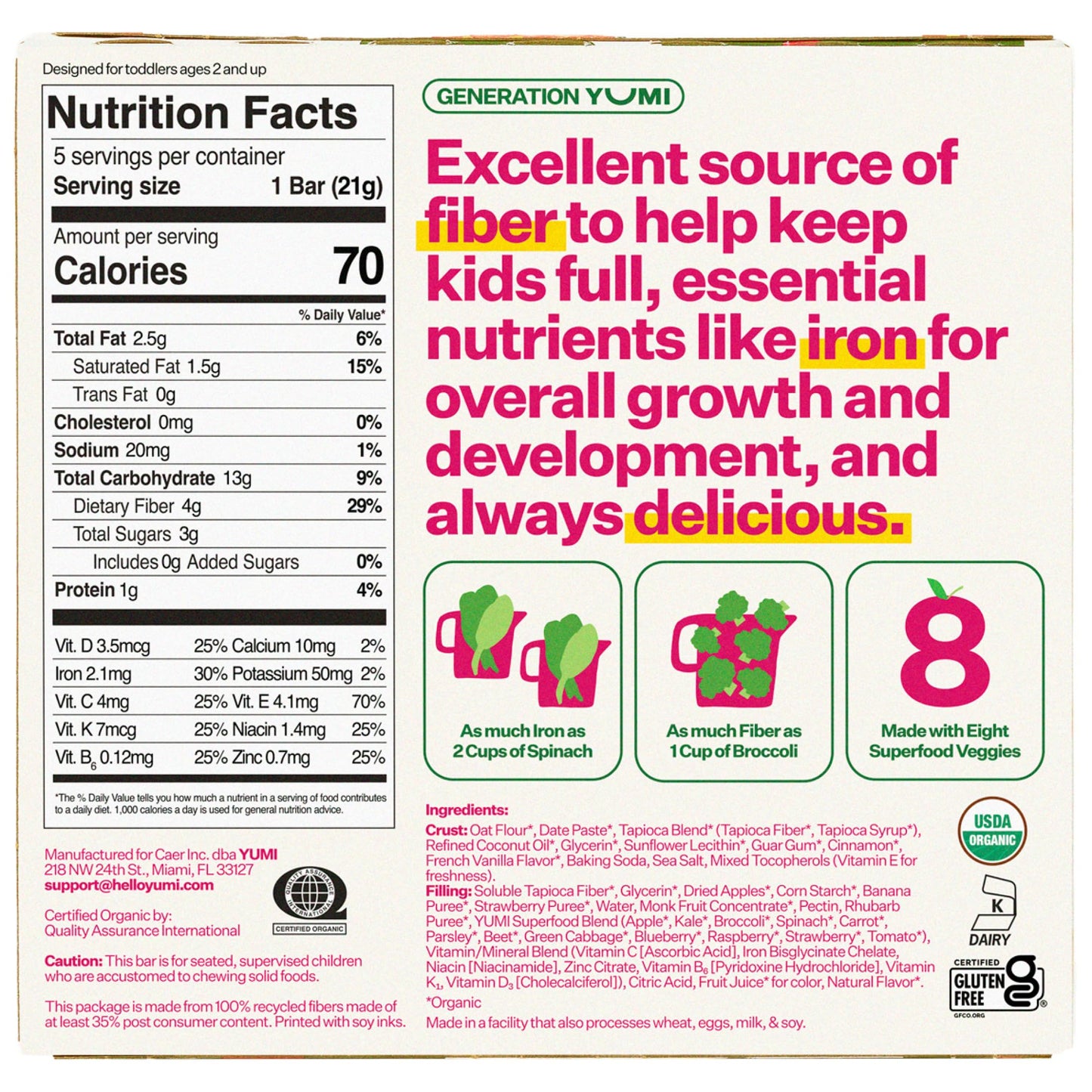Yumi Organic Toddler Snacks Bars - Gluten-Free, No Added Sugar, 7+ Vegetables, Soft-Baked Crust, Yumi Bars Healthy Toddler Organ