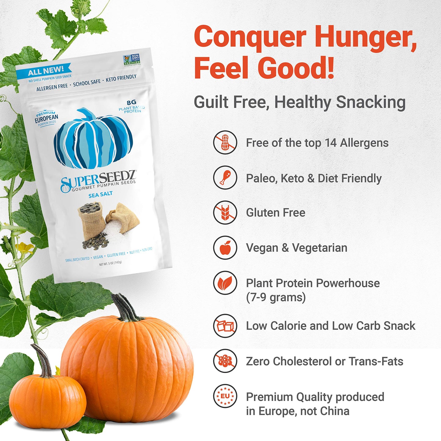 SuperSeedz Dry Roasted Pumpkin Seeds - Sea Salt Pepitas, Whole 30, Paleo, Vegan & Keto Snacks, 8g Plant Based Protein, Produced