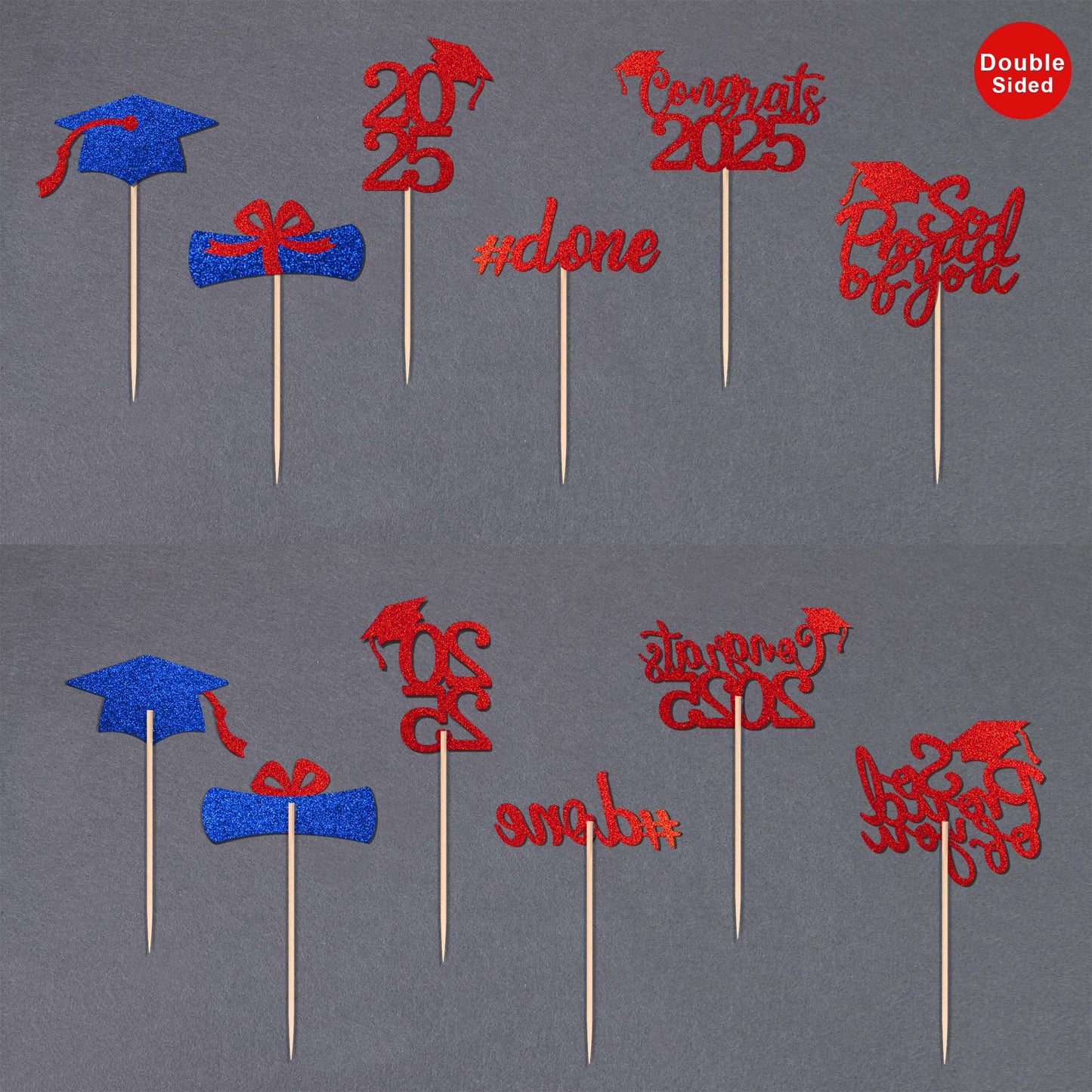 36 Pcs Class Of 2025 Graduation Cupcake Toppers, Red & Blue Glitter Double-Sided Grad Cap Cake Picks For Party Supplies, 2025 Gr