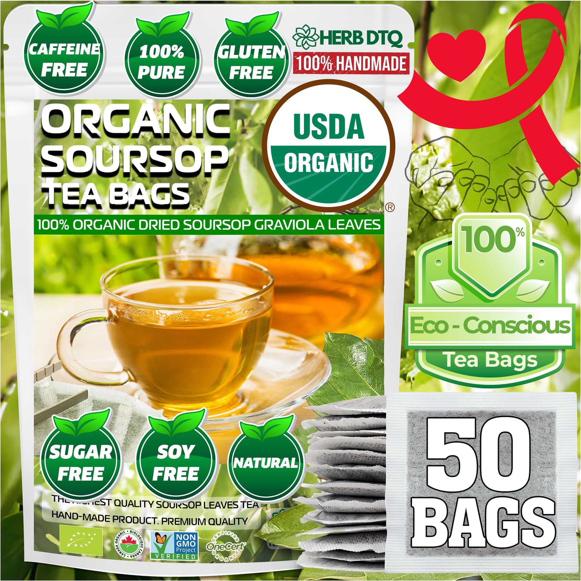 USDA Organic Soursop Leaves Tea Bags  100% ORGANIC and Pure Soursop Graviola Leaves - Hojas De Guanabana Tea - Non-GMO - Caffeine-free - Improve Digestion  Support Healthy Skin & Sleep  Eco-Conscious Corn Fiber Tea Bags. Organic Graviola Tea
