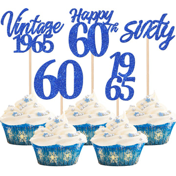 30PCS Happy 60th Birthday Cupcake Toppers Cheers to 60 Vintage 1965 Cupcake Picks Hello 60 Sixty 60th Birthday Decorations for 6