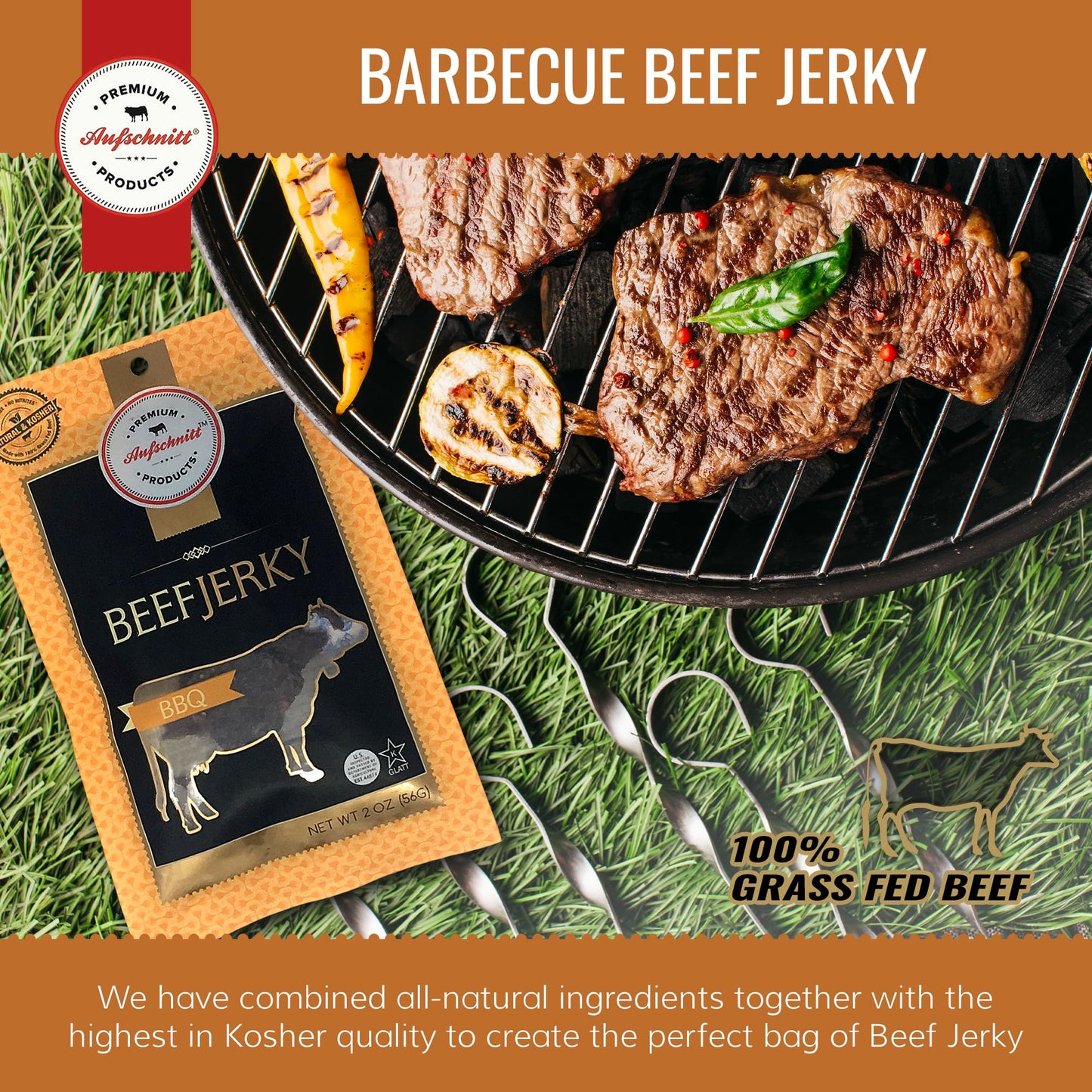 Premium Aufschnitt Grass Fed Beef Jerky - Low Sodium, Keto & Halal - 24 Pack, BBQ Flavor, Made in USA, 2 Ounce Each