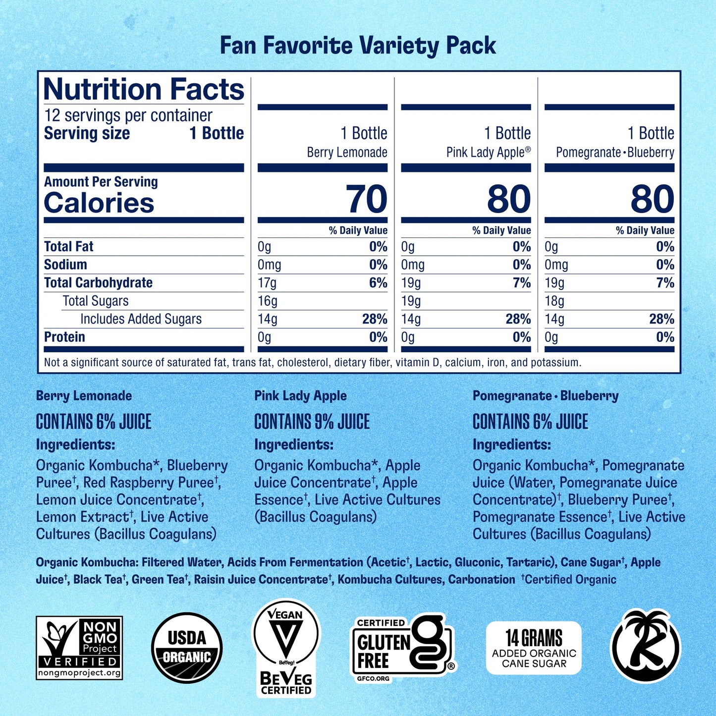 Health-Ade Fan Favorite Variety Pack Kombucha Tea, Organic Drink With Living Probiotics, Detoxifying Acids, Supports Gut Health,