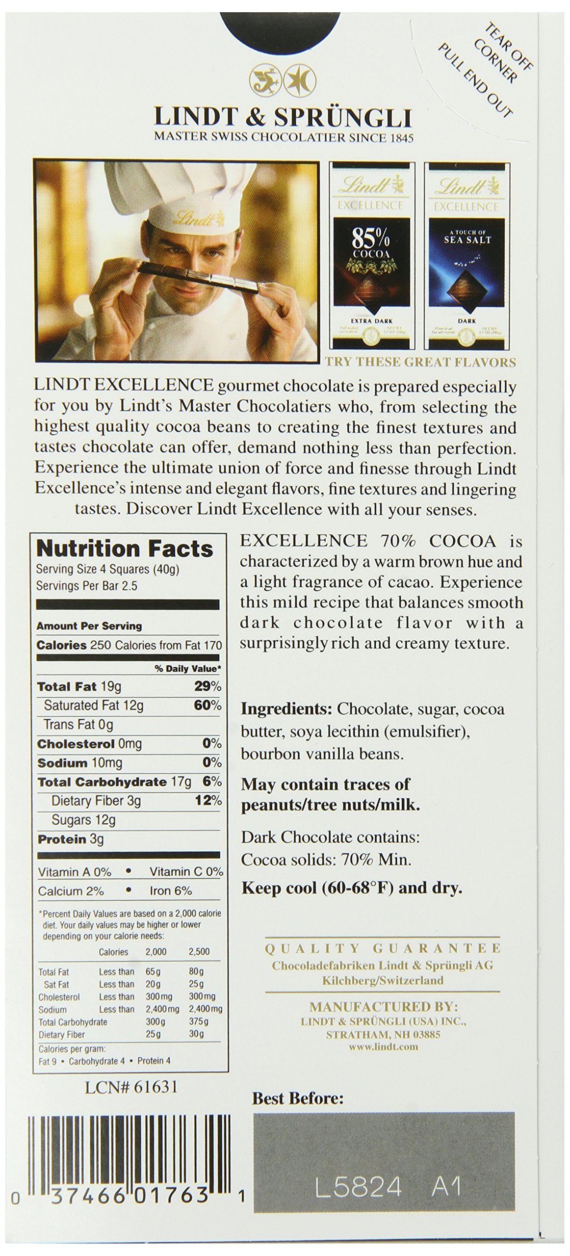 Lindt Excellence Dark Chocolate Bar, 70% Cocoa, 3.5 Ounce, Pack of 1