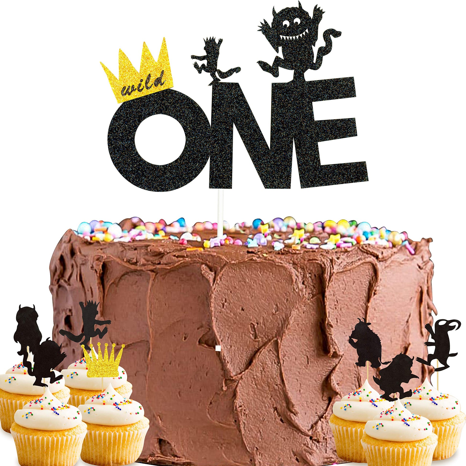 One Wild One Cake Topper And Wild Things Cupcake Topper Birthday Theme Party Decorations - 15Pcs (Gold Black)