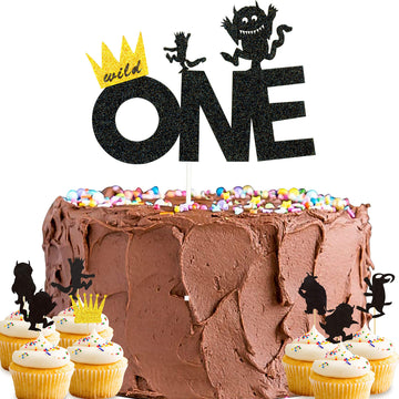 One Wild One Cake Topper And Wild Things Cupcake Topper Birthday Theme Party Decorations - 15Pcs (Gold Black)