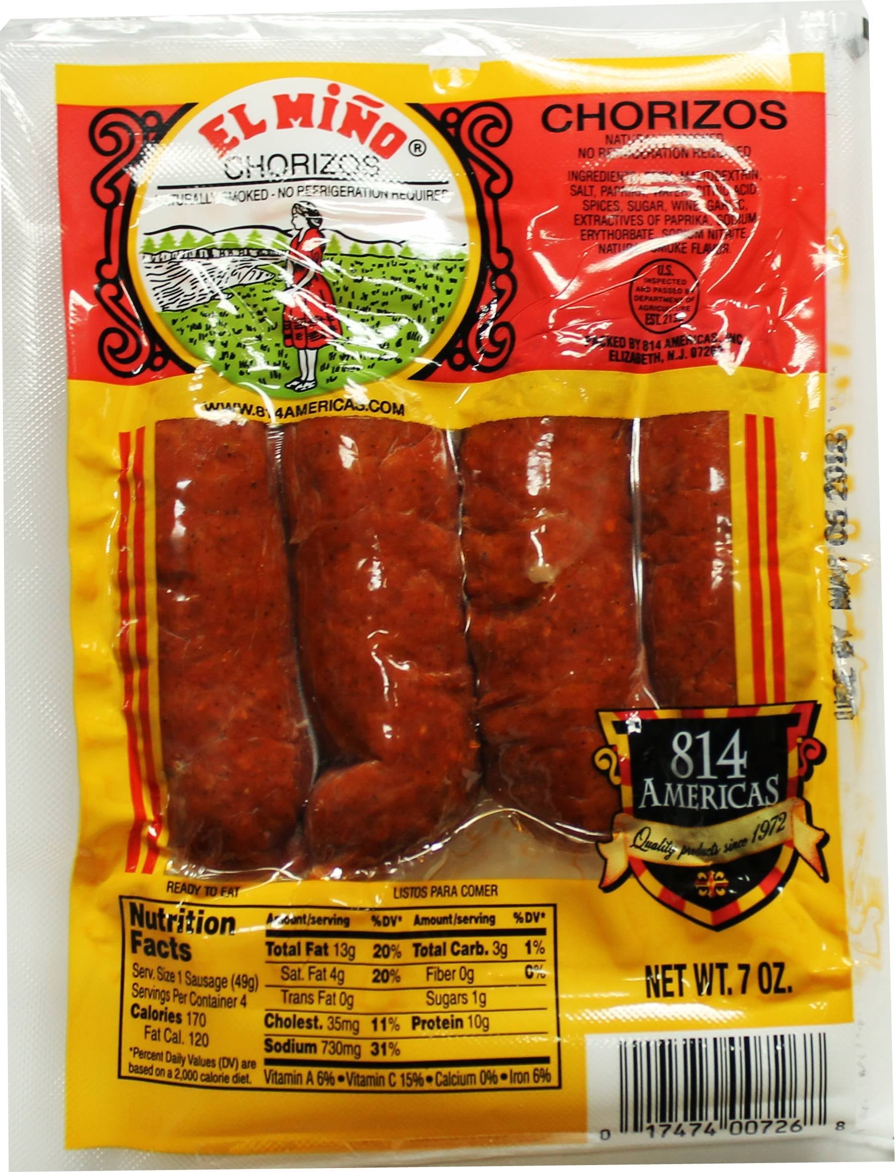 El Miño Chorizos 4 Pack, 7 oz Each, Savory Flavor, Ideal for Grilling or Cooking
