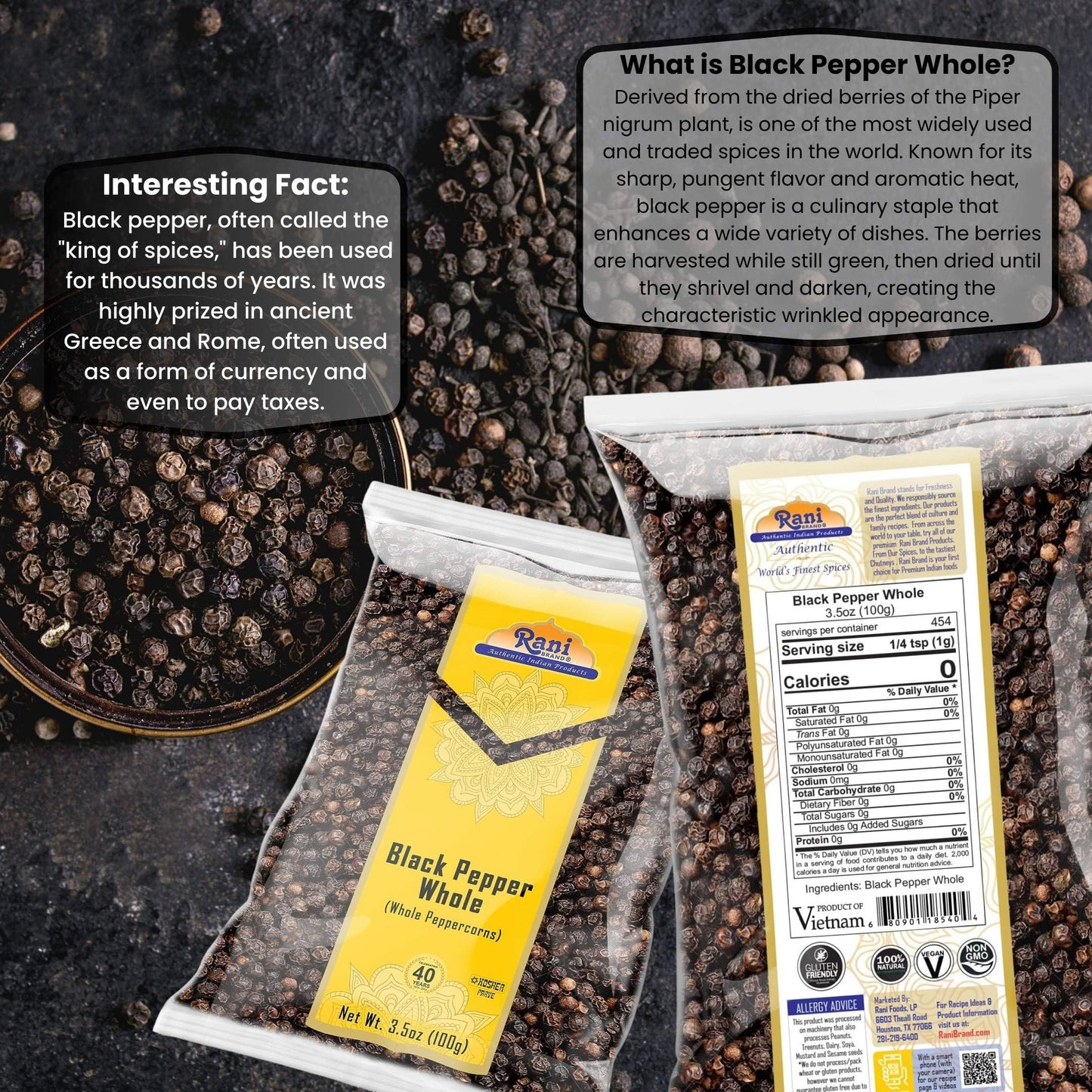 Rani Black Pepper Whole Premium MG-1 Grade 3.5oz (100g) All Natural, Gluten Friendly, Non-GMO, Kosher, Product of Vietnam
