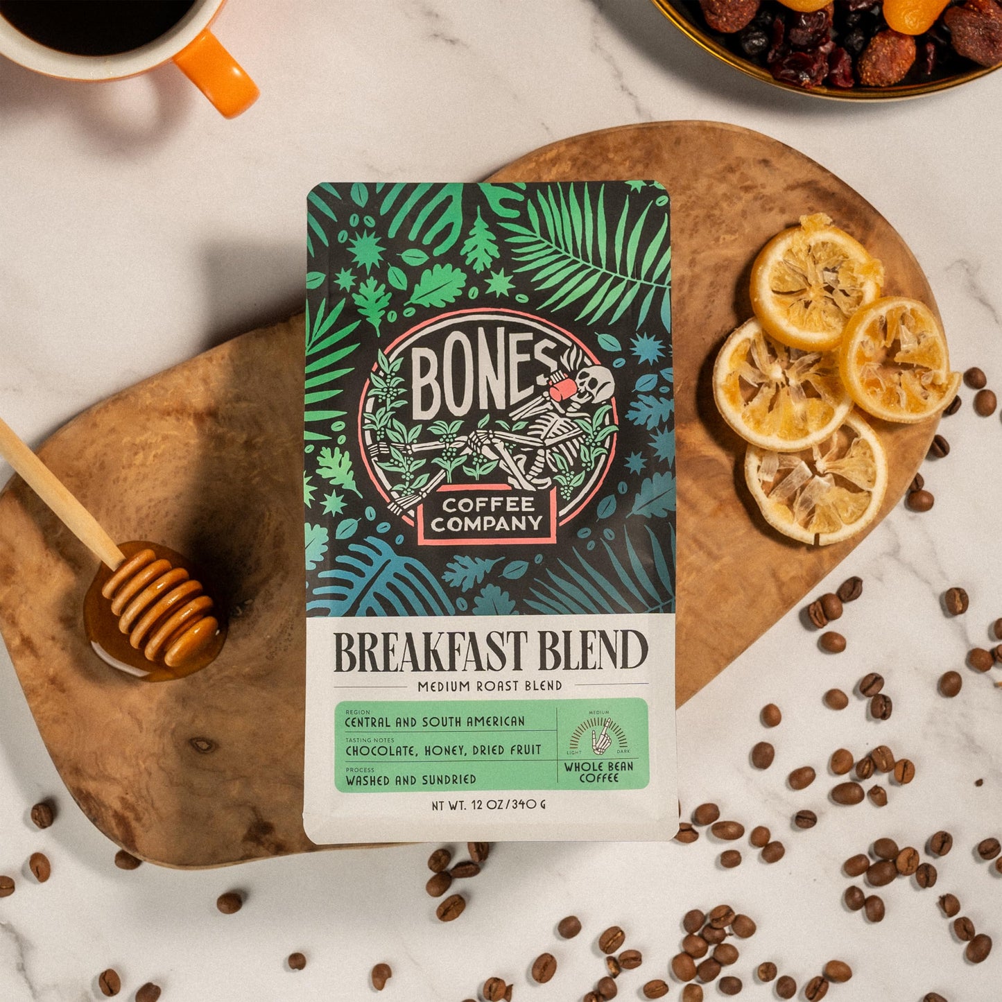 Bones Coffee Company Breakfast Blend Whole Coffee Beans, Low Acid Flavored Coffee, Made With Arabica Coffee Beans, Medium Roast