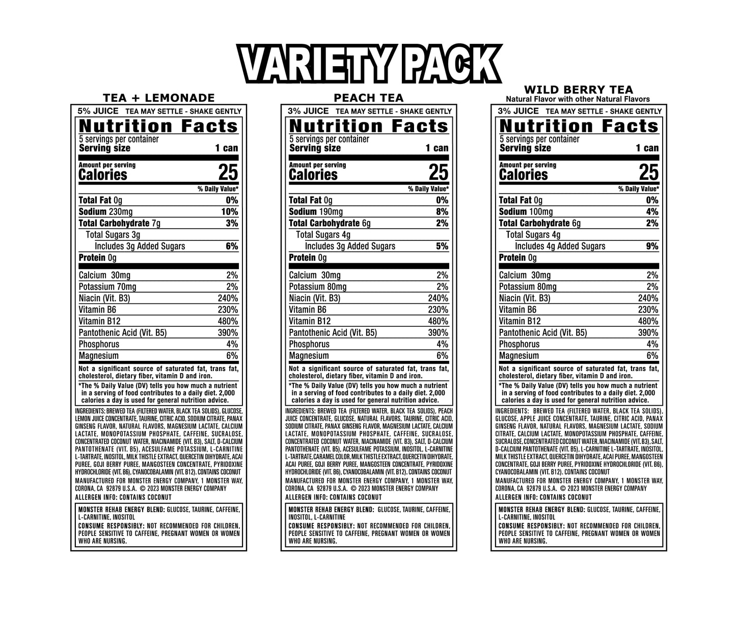 Monster Energy Rehab Tea + Lemonade, Peach Tea, Wild Berry Tea, Variety Pack, Energy Iced Tea,15.5 Ounce (Pack of 15)