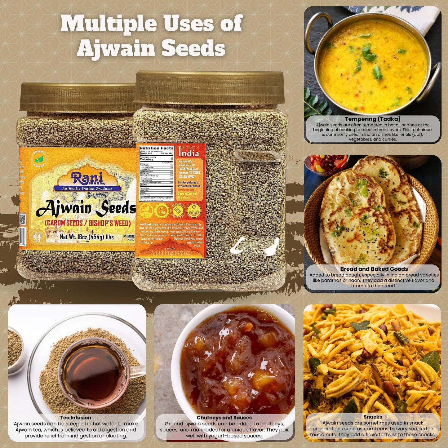 Rani Ajwain Seeds (Carom) Whole Spice, All Natural, Vegan, Non-GMO, 16oz (454g) PET Jar