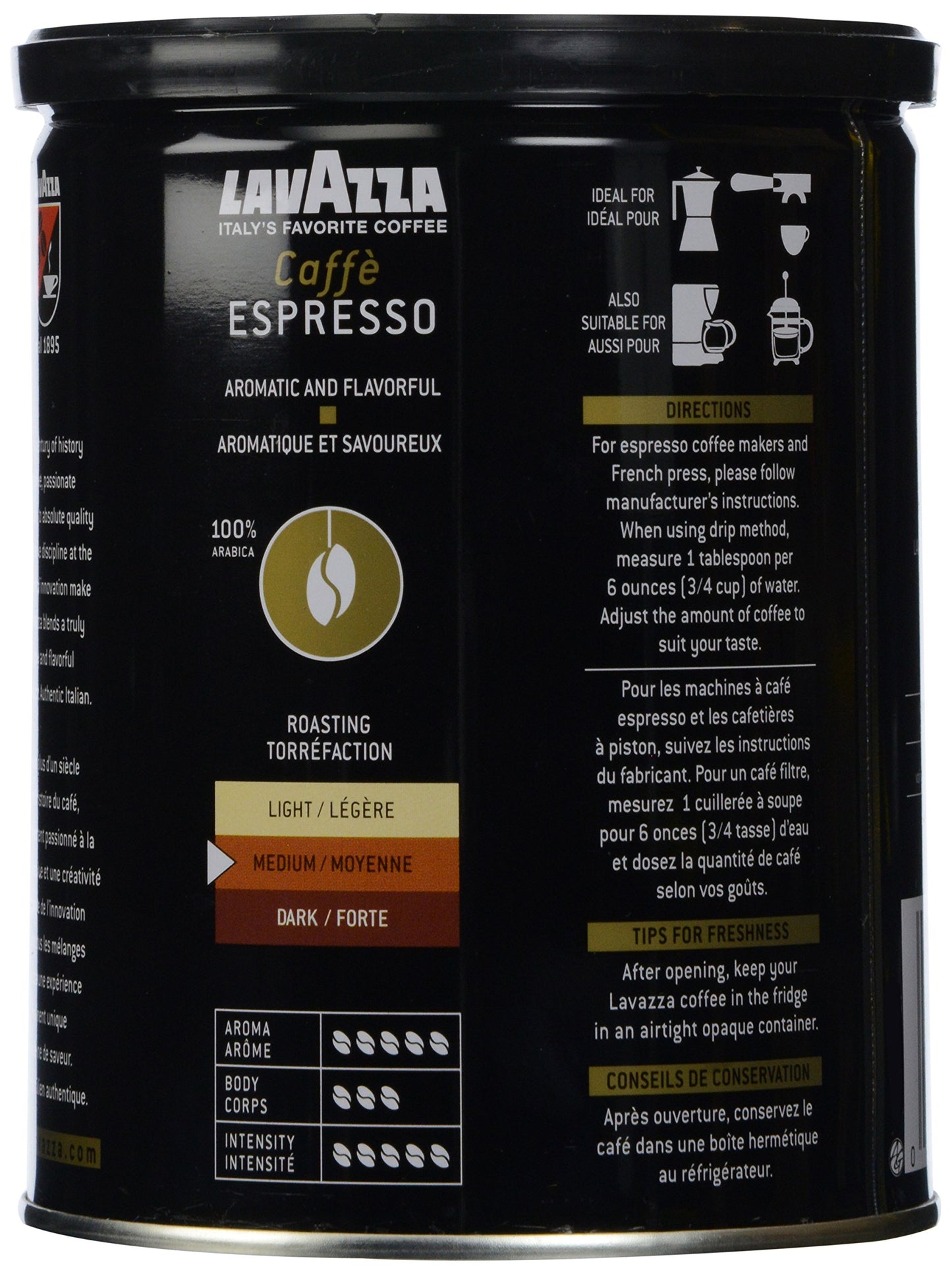 Lavazza Caffe Espresso Ground Coffee, Medium Roast, 8 oz Can, Full Case of 12, Metal, Model 1450