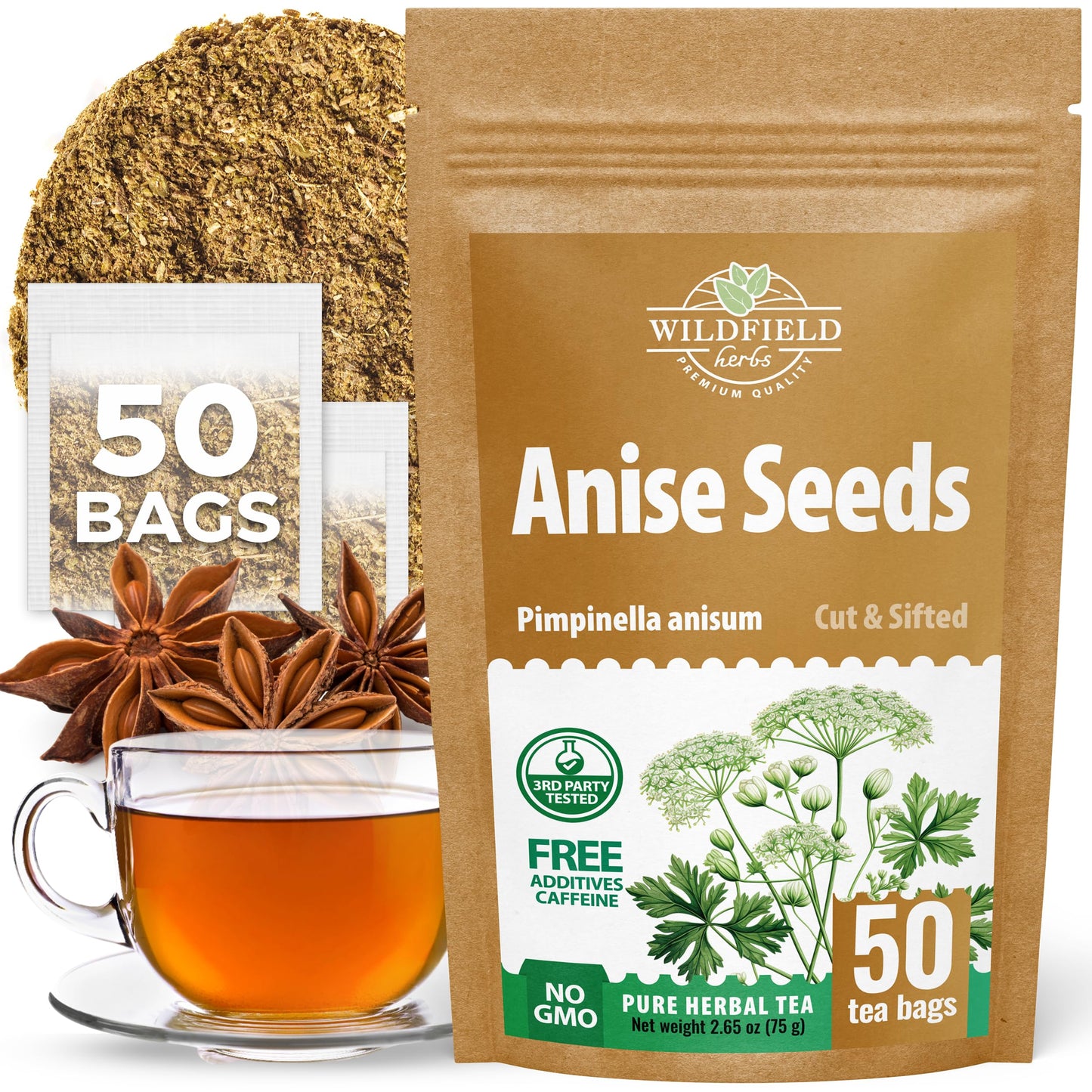 WILDFIELD HERBS Dried Anise Seeds Herbal Tea - 50 Bags, 1.5g Each, Pimpinella Anisum