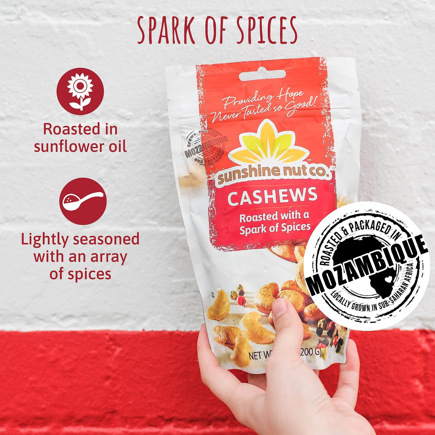 Sunshine Nut Co. Whole Roasted Cashews, Spark of Spices Flavor, Single 7 oz. Bag, Gluten Free, Peanut Free and Vegan Individual