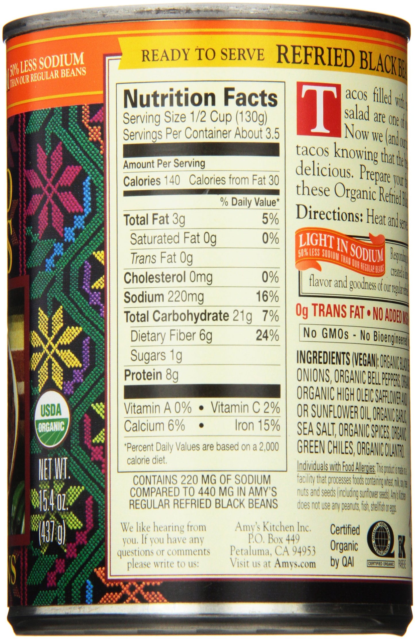 Amys Organic Refried Black Beans, Light in Sodium, Vegan, Gluten Free, 15.4 Oz (6 Pack), Model 000558