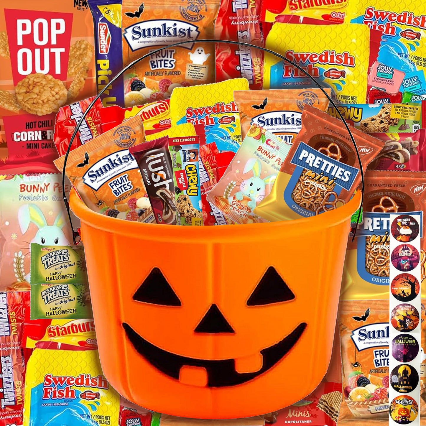 Halloween Assorted Pumpkin Bucket (44 Count) Filled with Candies  Snacks  Cookies and more   for Family  Friends  Kids  Boys and Girls