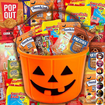 Halloween Assorted Pumpkin Bucket (44 Count) Filled with Candies  Snacks  Cookies and more   for Family  Friends  Kids  Boys and Girls