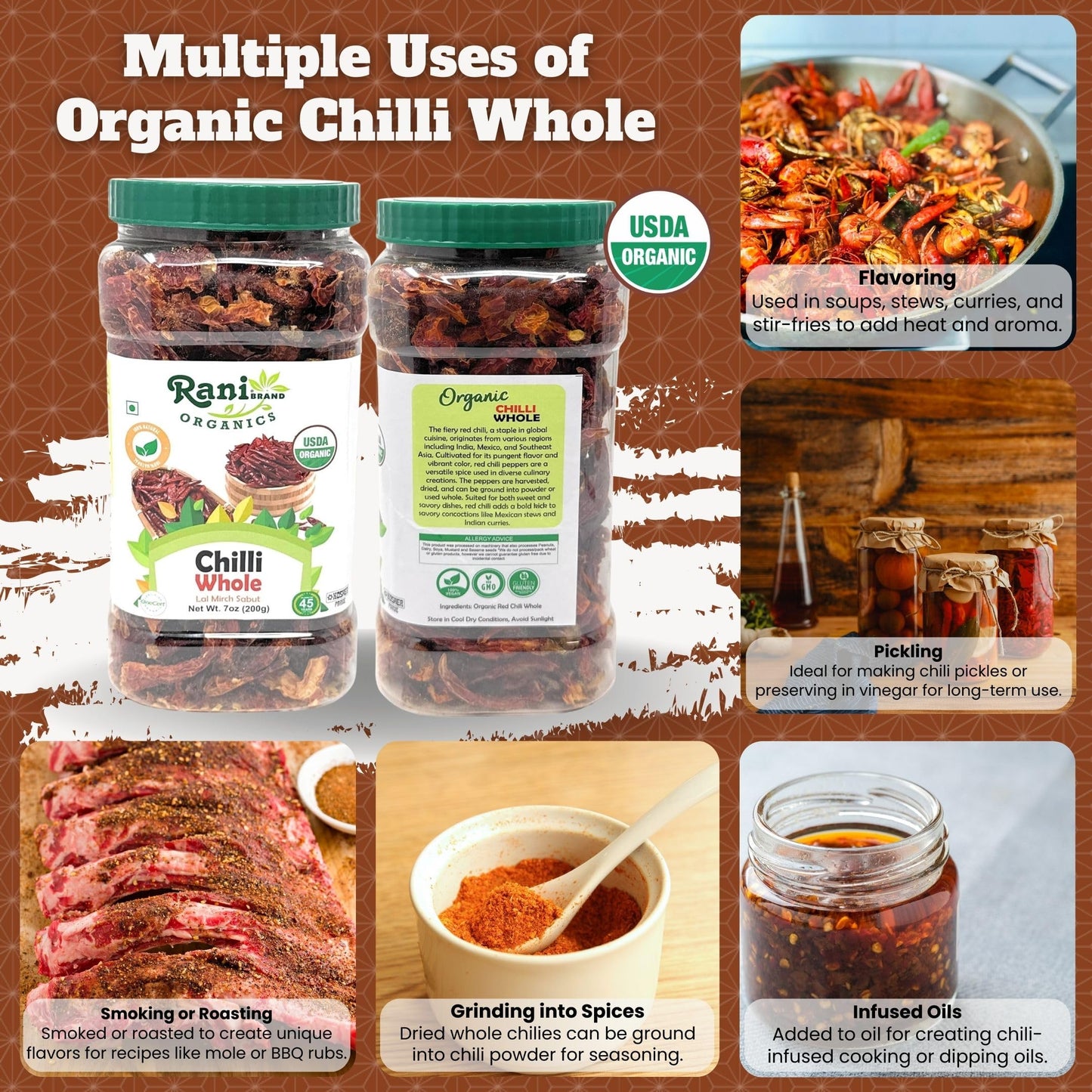 Rani Organic Chilli Whole (Lal Mirch Sabut) 7Oz (200G) Pet Jar ~ All Natural | Vegan | No Colors | Gluten Friendly | Non-Gmo | K