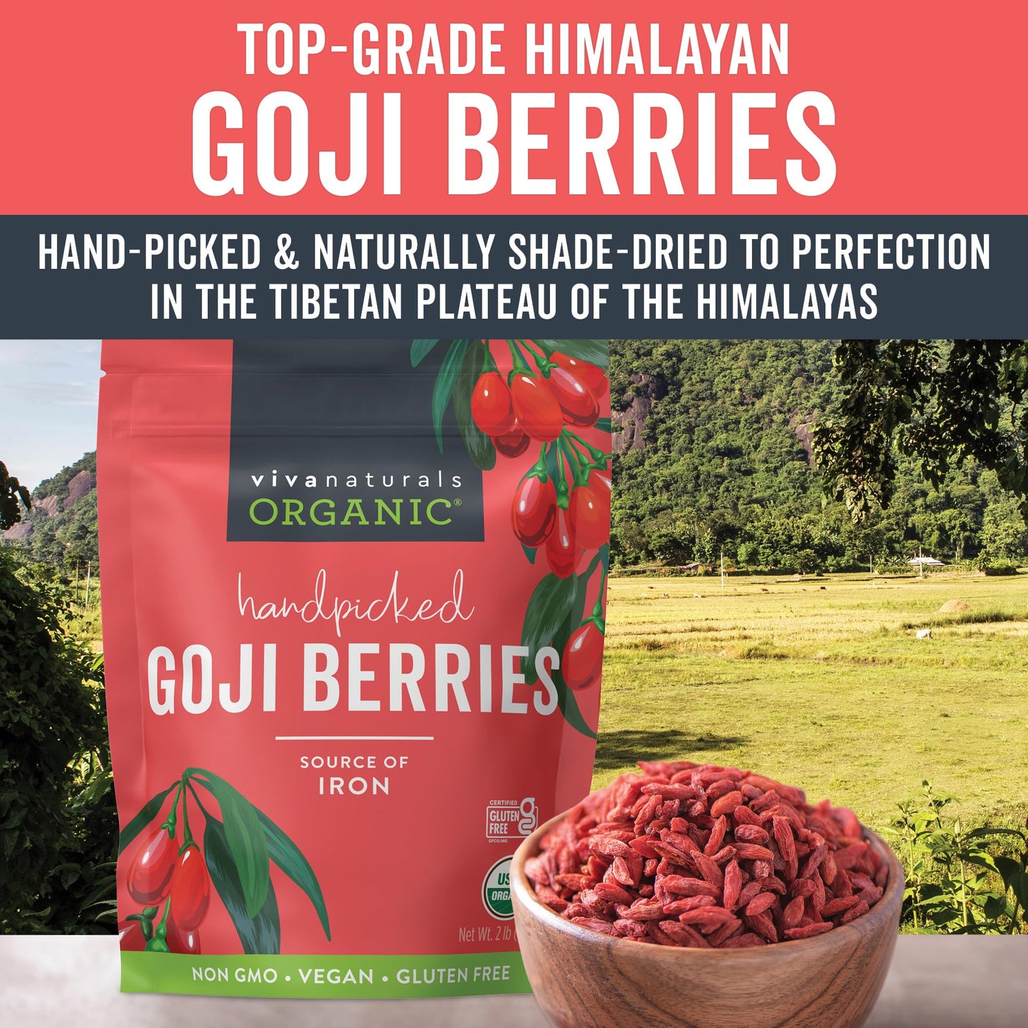 Viva Naturals Organic Dried Goji Berries, 32 Oz (2 Lb) Non-Gmo And Vegan Wolfberries, Perfect For Baking, Smoothies, Teas And Sn