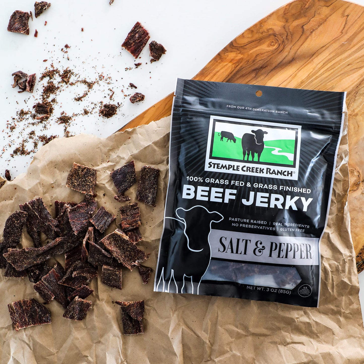 Original Stemple Creek Ranch Beef Jerky, 100% Grass-Fed, Gluten Free, No-Sugar, 4 Clean Ingredients, 3 Ounces (Salt & Pepper, 3-