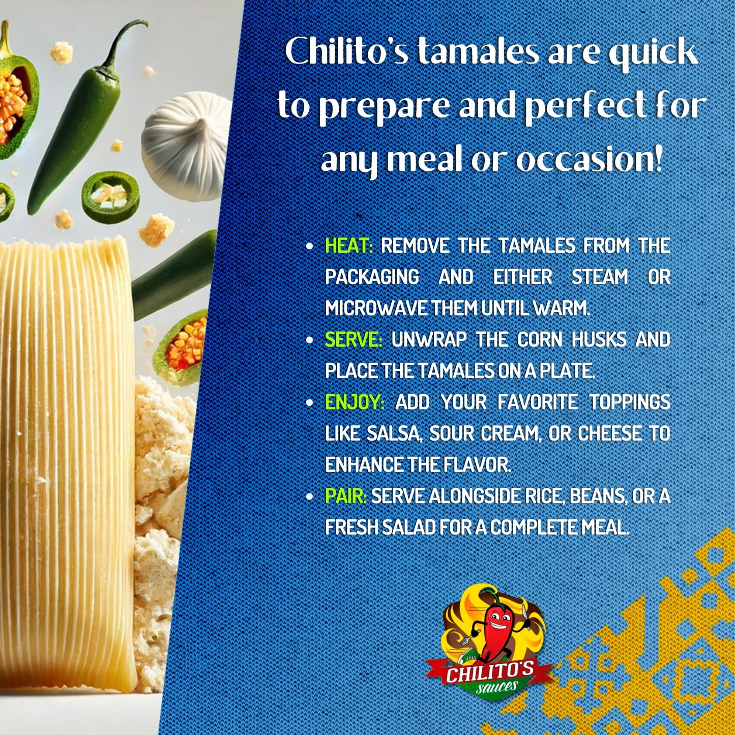 Chilito'S Express Llc, ''Pack With Flavor'' Cream Cheese Chicken Tamales Hand Wrapped On Corn Husks Texas Style (Two 24Oz Dozen)
