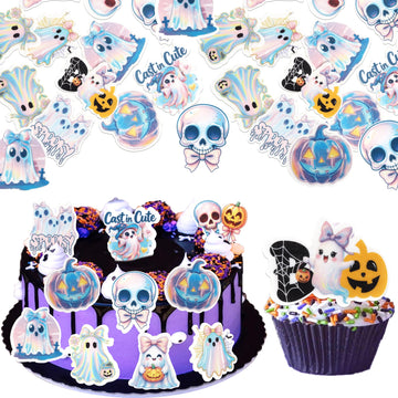 60 Pcs Edible Halloween Spooky Cupcake Toppers Wafer Paper Skull Spider Web Pumpkin Cupcake Picks Edible Ghost Boo Cake Decorations For Baby Shower Birthday Halloween Party Food Decorations Supplies