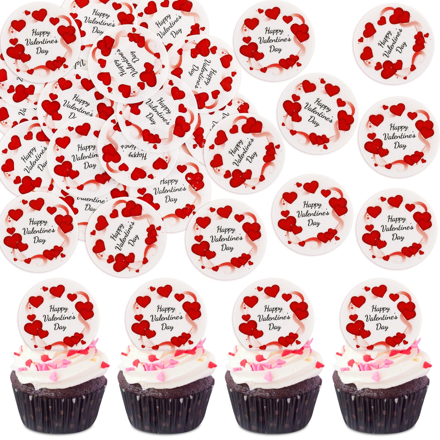 Ercadio 40 Pack Edible Happy Valentines Day Cupcake Toppers Edible Red Heart Cupcake Drink Picks For ValentineS Theme Party Cake Decoration Supplies