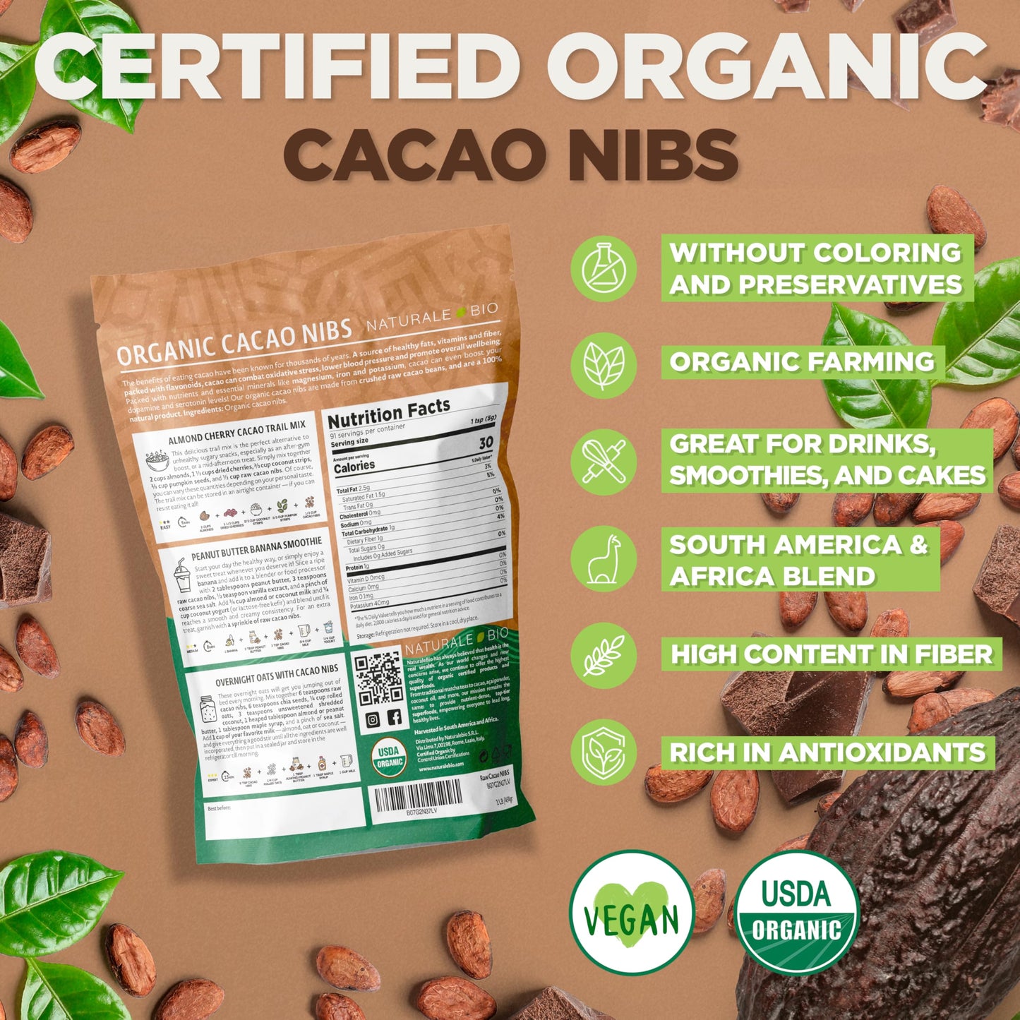 NaturaleBio Organic Raw Cacao Nibs 1 lb. Natural and Pure. Made in Tropical Regions from The Theobroma Cacao Plant. Source of Ma