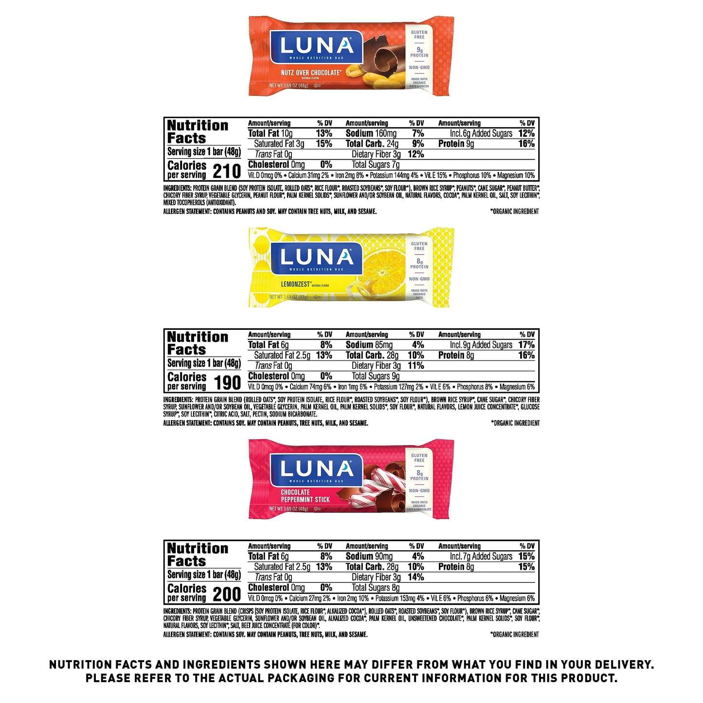 Luna Bar - Variety Pack - 6 Flavors - Snack Bars - Non-Gmo - Gluten-Free Protein Bars - Made With Organic Oats (12 Pack)