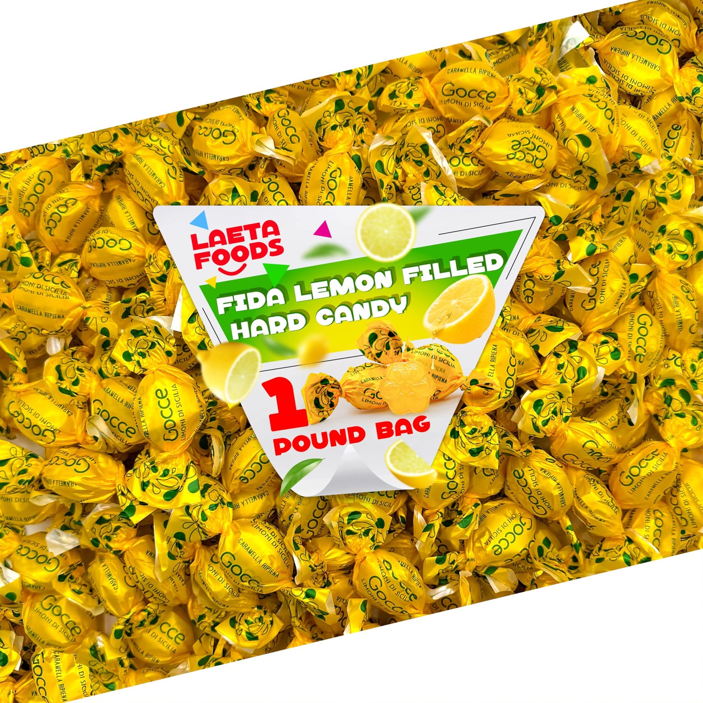 Italian Lemon Candy from Italy | 1 Pound Bag | Approx. 75 Count | Gocce Limoni Di Sicilia | Individually Wrapped Filled Lemon Drops Hard Candy | Citrus Candies