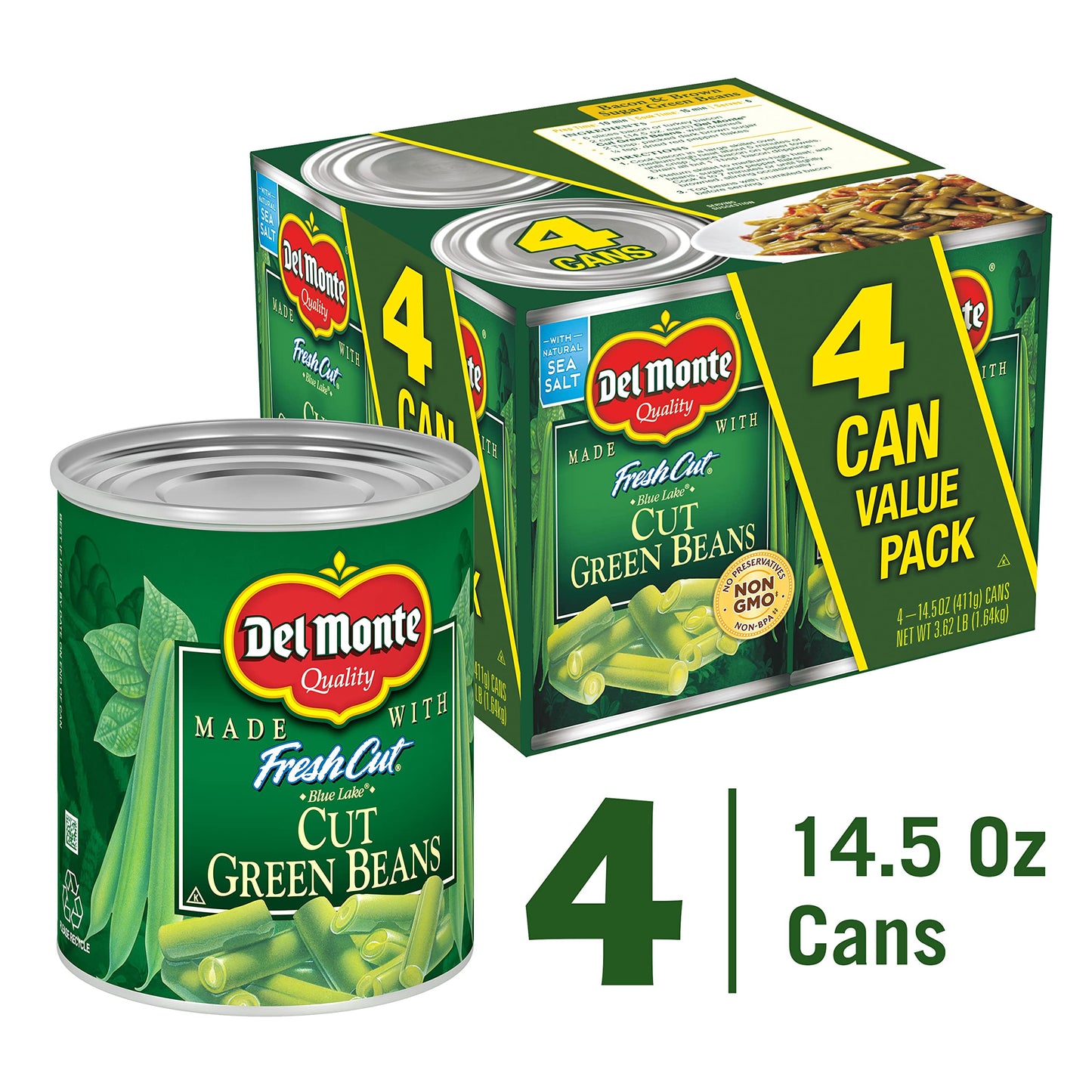 Del Monte FRESH CUT BLUE LAKE Mixed Cut Green Beans, Canned Vegetables, 14.5 Ounce (Pack of 4), 2002160