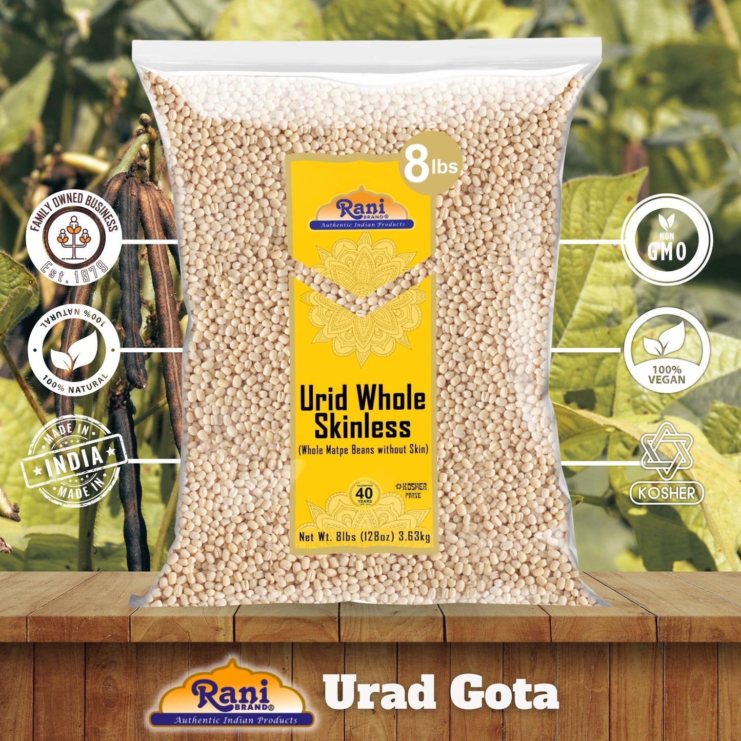 Rani Urid/Urad Gota White (Matpe Beans Skinless) Indian Lentils 128Oz (8Lbs) 3.63Kg Bulk ~ All Natural | Gluten Friendly | Non-G